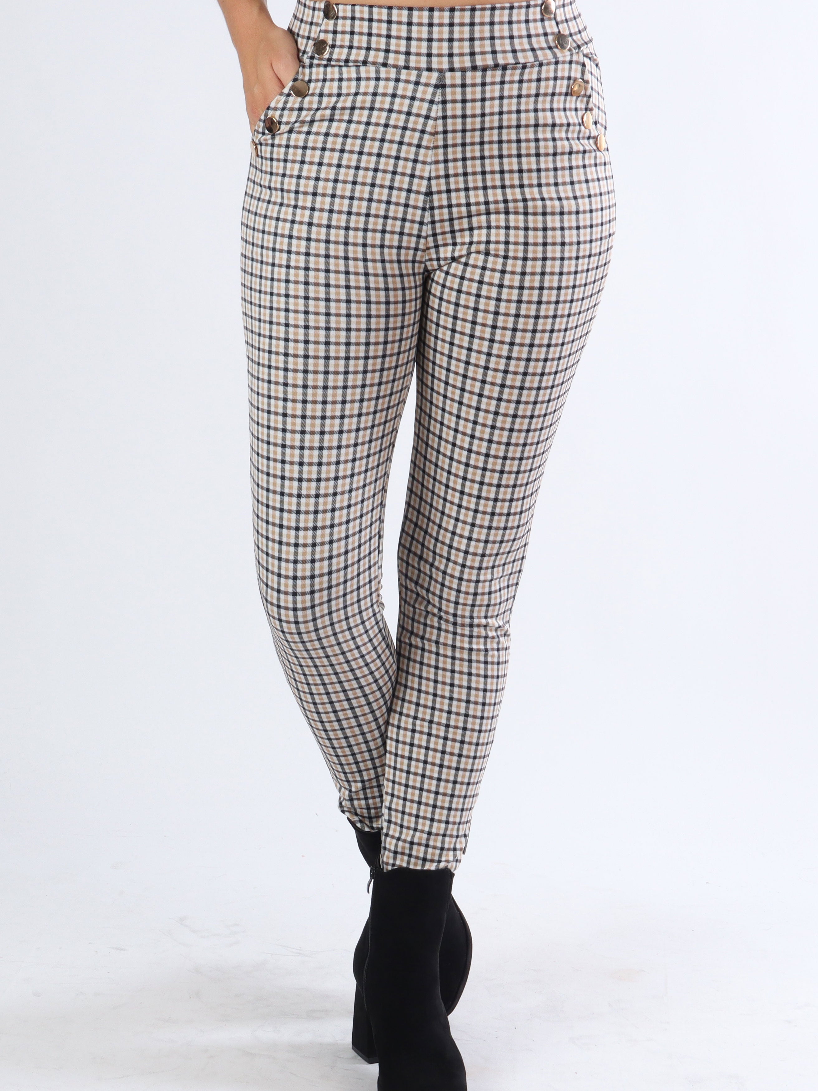 Selena - Rutiga elastiska byxor med guldknappar - Red